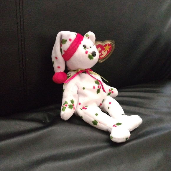 RARE, TY Beanie Baby 1998 Holiday Teddy Bear Holly Berries on White - Picture 3 of 11